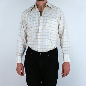 70s men’s plaid permanent press long sleeve button up with dagger collar